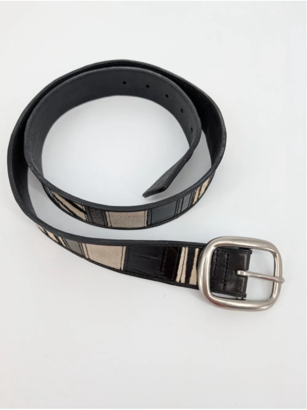 Fossil Leather Belt L Zebra Croc Suede Patchwork Black Taupe Animal Print Y2K